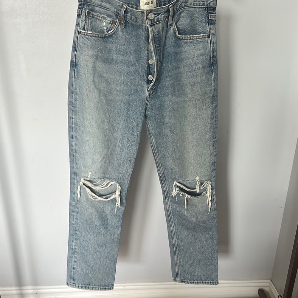 Agolde Riley High Rise Blue Distressed Jeans - Picture 2 of 7